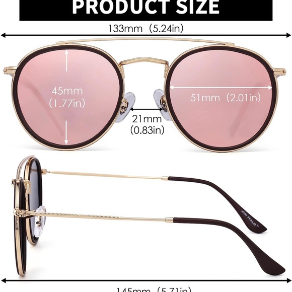 JIM HALO Small Polarized Round Sunglasses for Women Vintage Double Bridge Frame - Picture 2 of 7